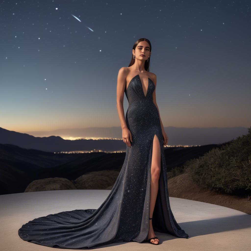 A stunning image of chilean model radiating confidence in a sleek evening gown under star-filled skies.