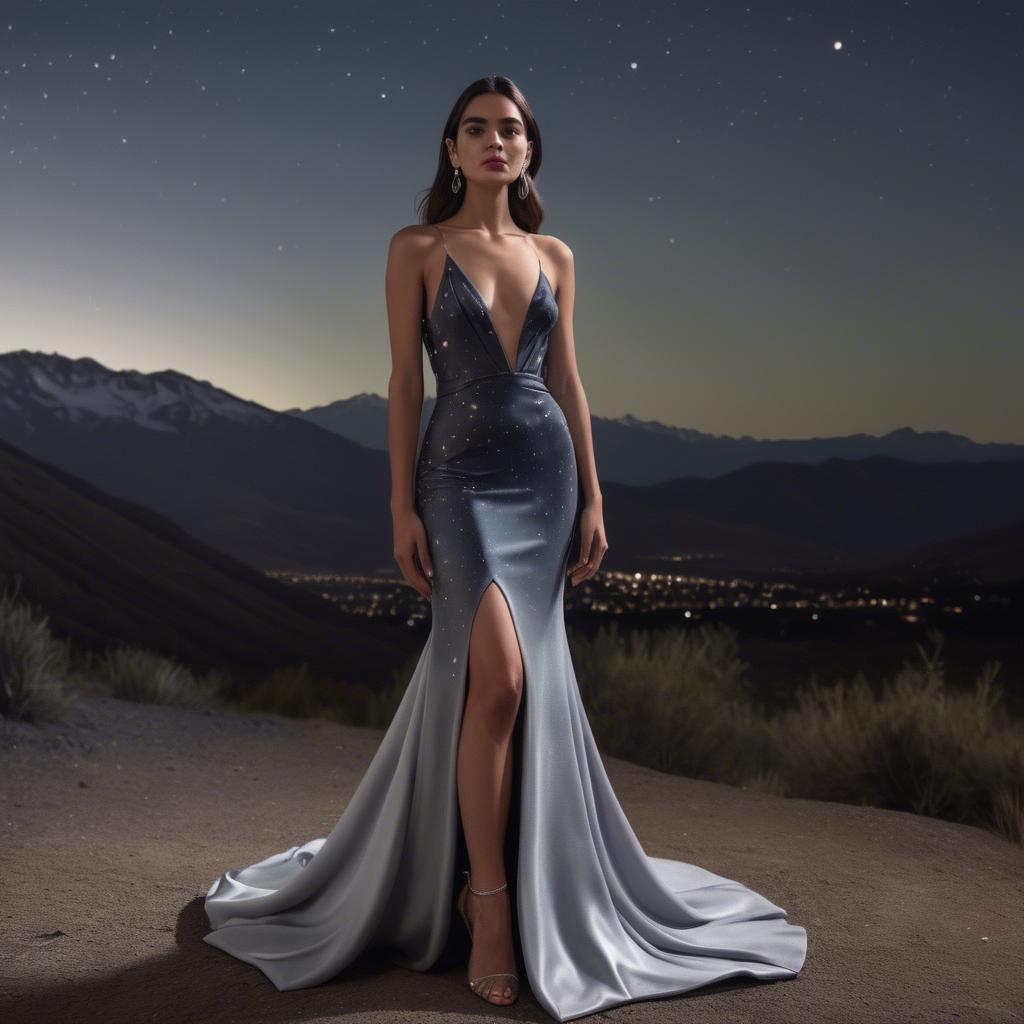 A stunning image of chilean model radiating confidence in a sleek evening gown under star-filled skies.