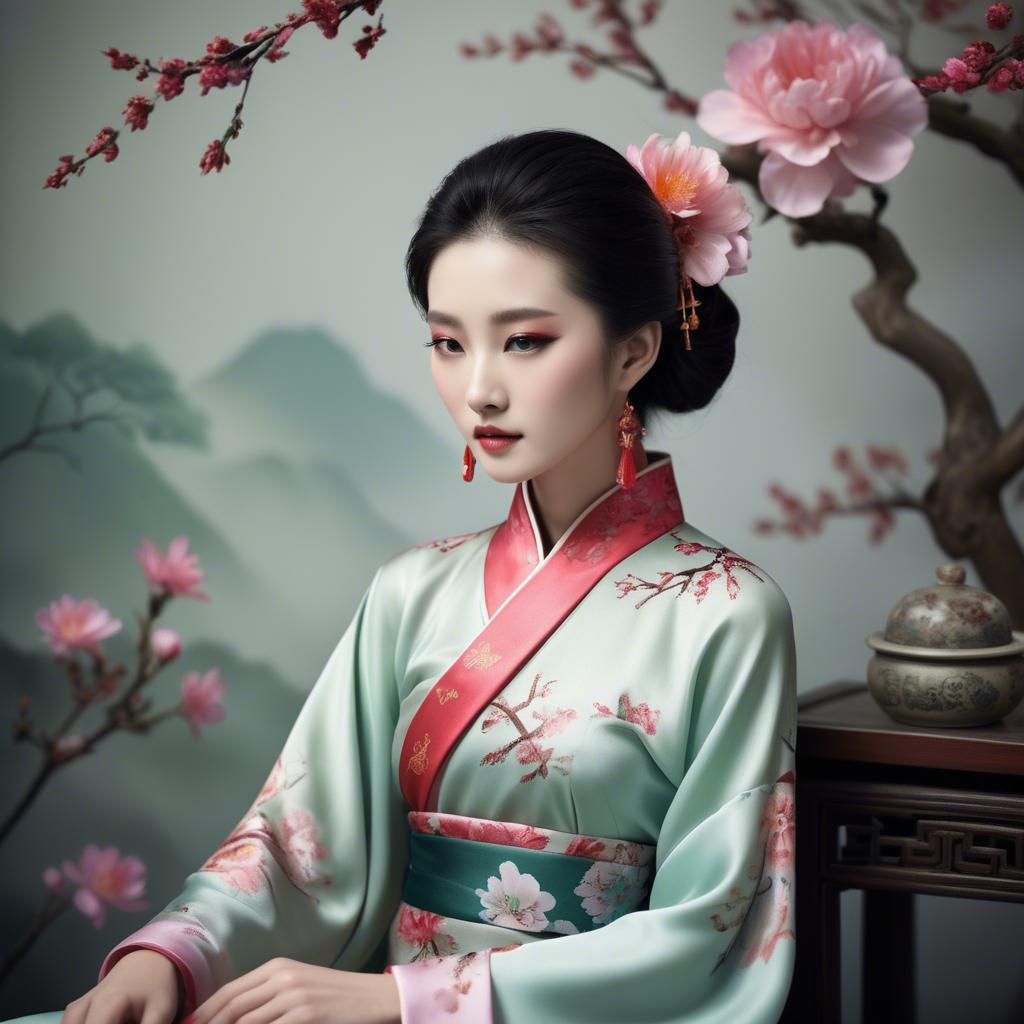 A stunning image of chinese beauty in romantic silk fabrics.