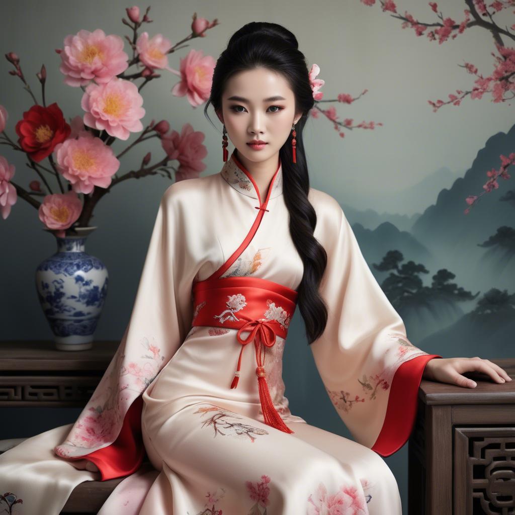 A stunning image of chinese beauty in romantic silk fabrics.
