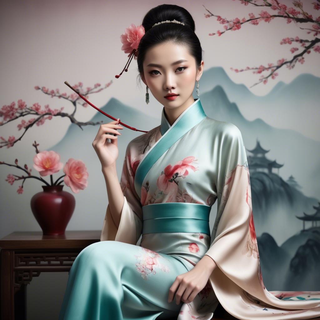 A stunning image of chinese beauty in romantic silk fabrics.
