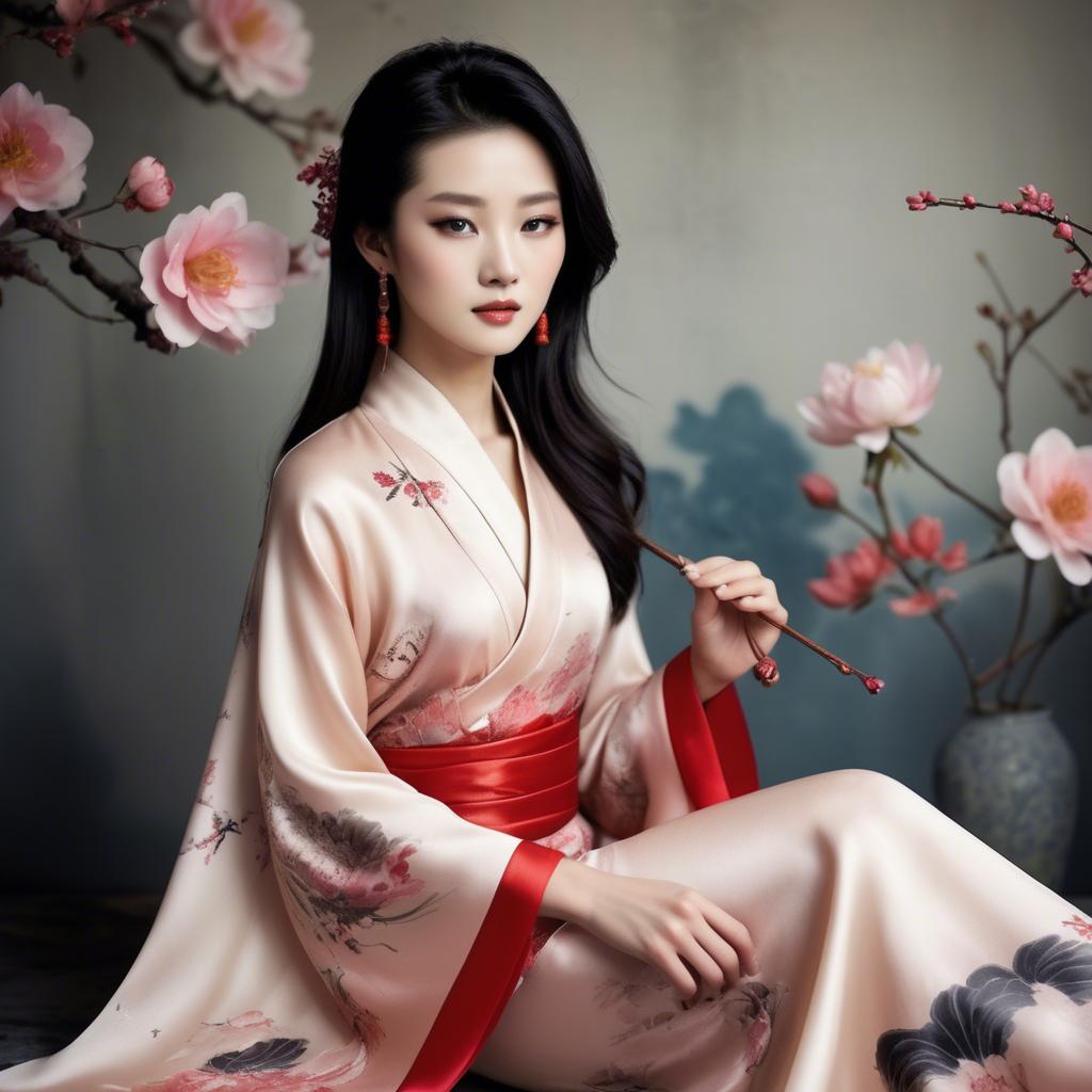 A stunning image of chinese beauty in romantic silk fabrics.