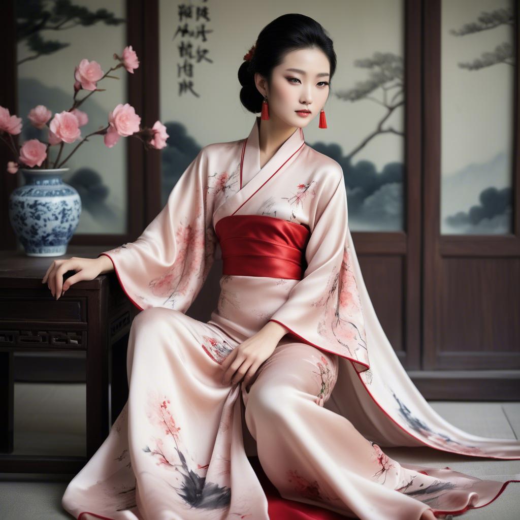 A stunning image of chinese beauty in romantic silk fabrics.