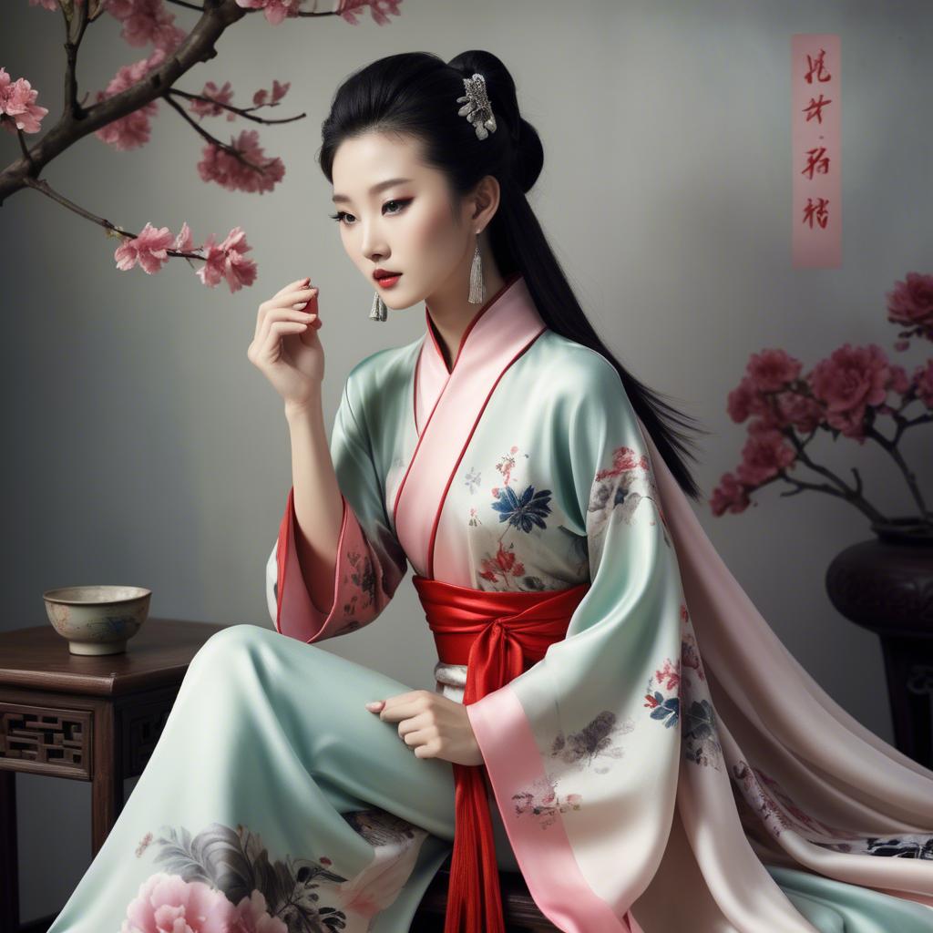 A stunning image of chinese beauty in romantic silk fabrics.