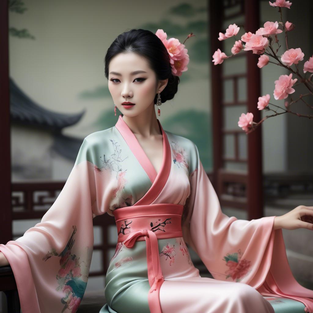 A stunning image of chinese beauty in romantic silk fabrics.