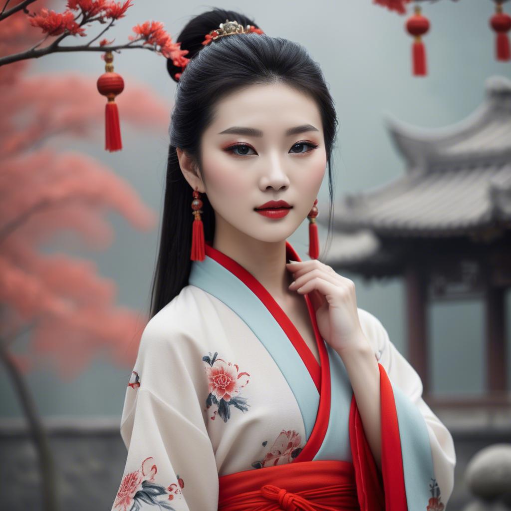 A stunning image of chinese beauty in soft fabrics.