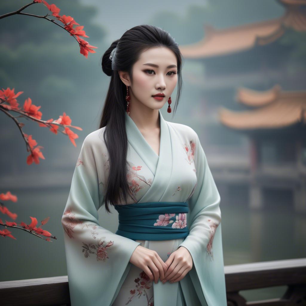 A stunning image of chinese beauty in soft fabrics.