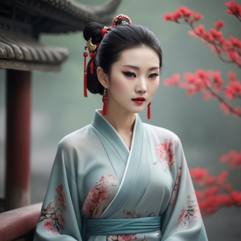 A stunning image of chinese beauty in soft fabrics.