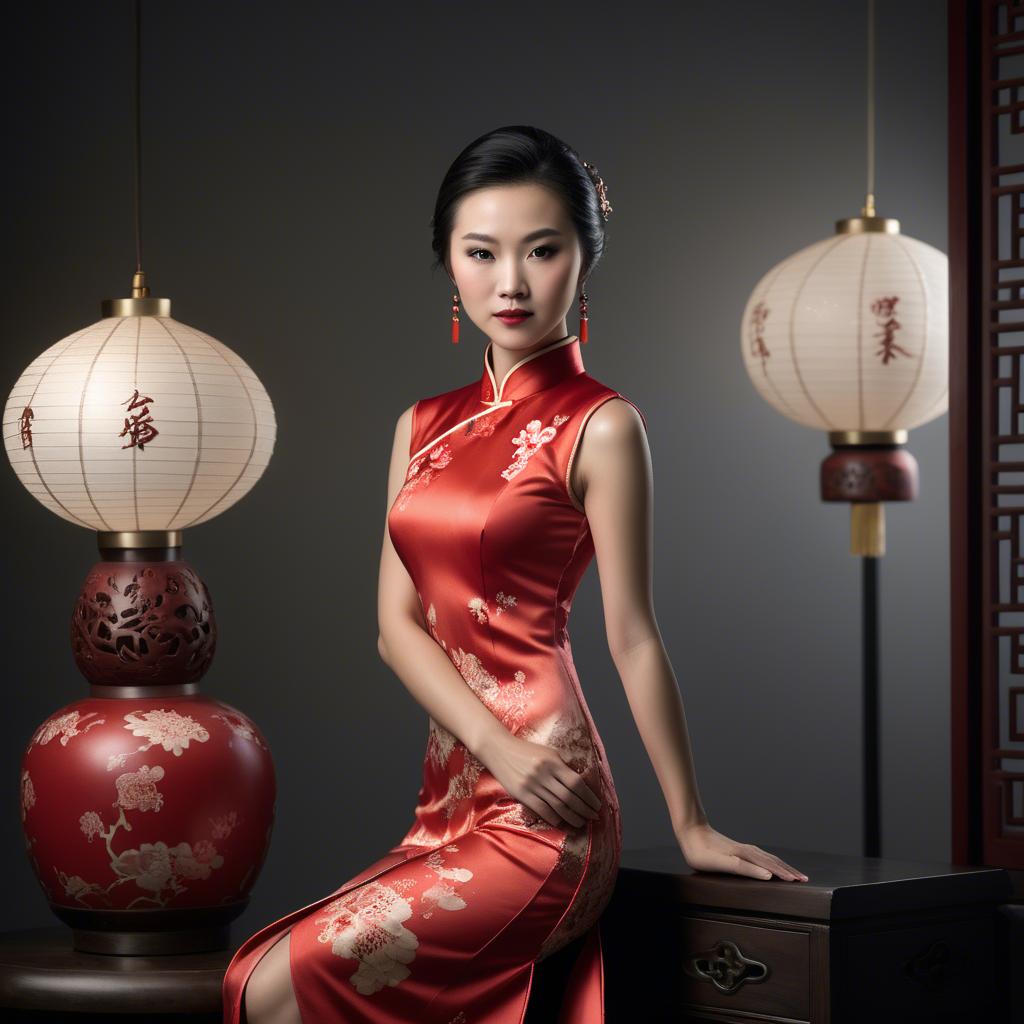 A stunning image of chinese enchantress in a chic qipao accentuated by refined and modern studio lighting.