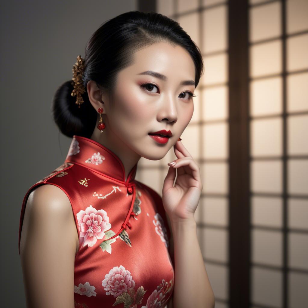 A stunning image of chinese enchantress in a chic qipao accentuated by refined and modern studio lighting.