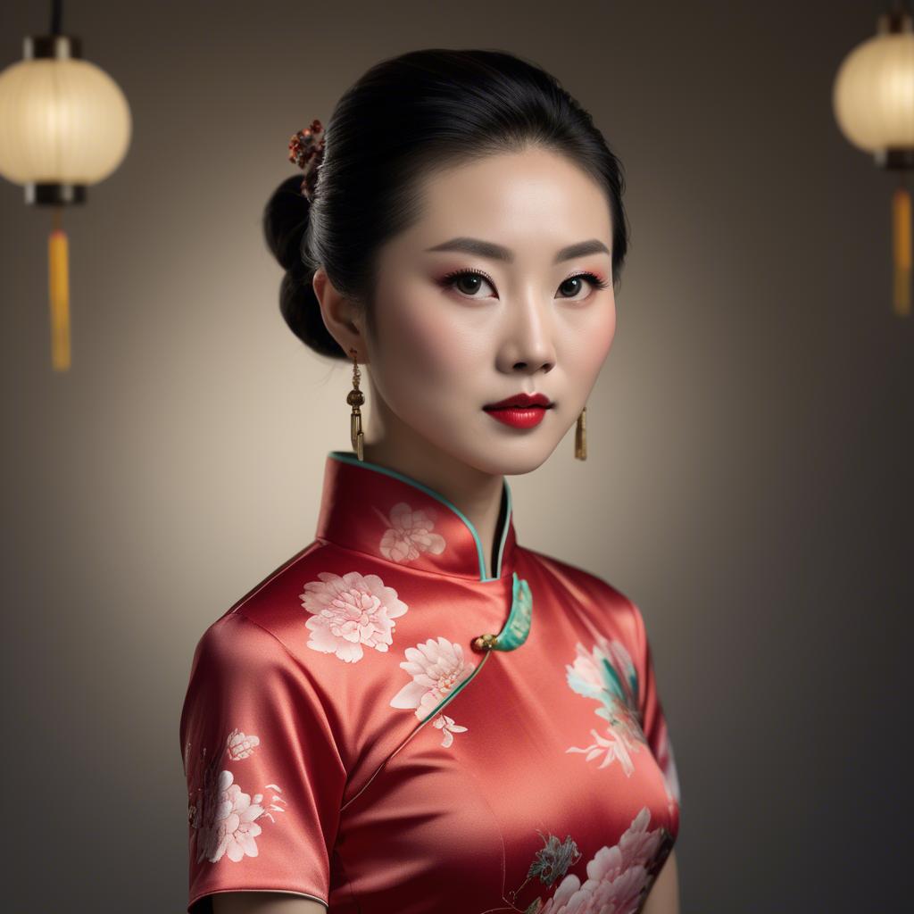 A stunning image of chinese enchantress in a chic qipao accentuated by refined and modern studio lighting.