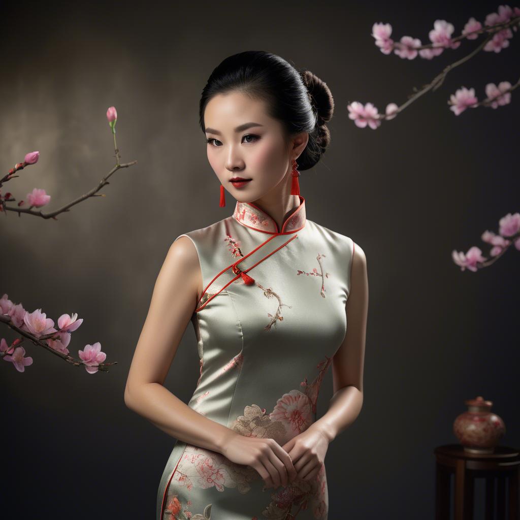 A stunning image of chinese enchantress in a chic qipao accentuated by refined and modern studio lighting.