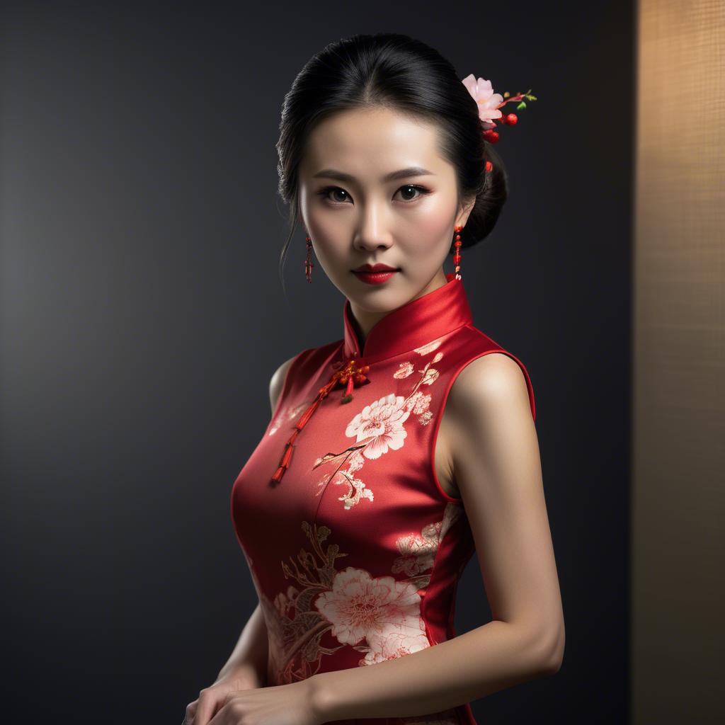 A stunning image of chinese enchantress in a chic qipao accentuated by refined and modern studio lighting.