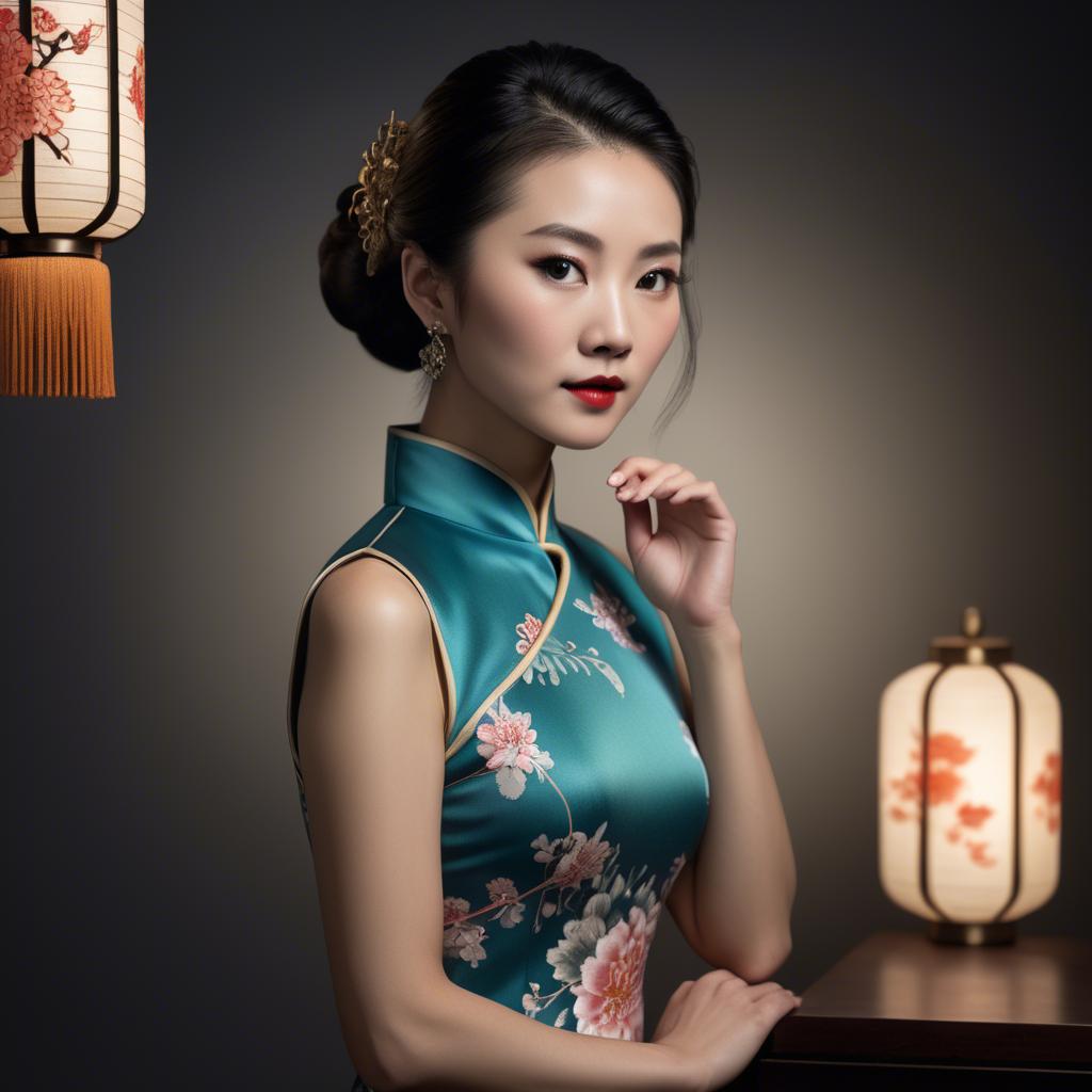A stunning image of chinese enchantress in a chic qipao accentuated by refined and modern studio lighting.
