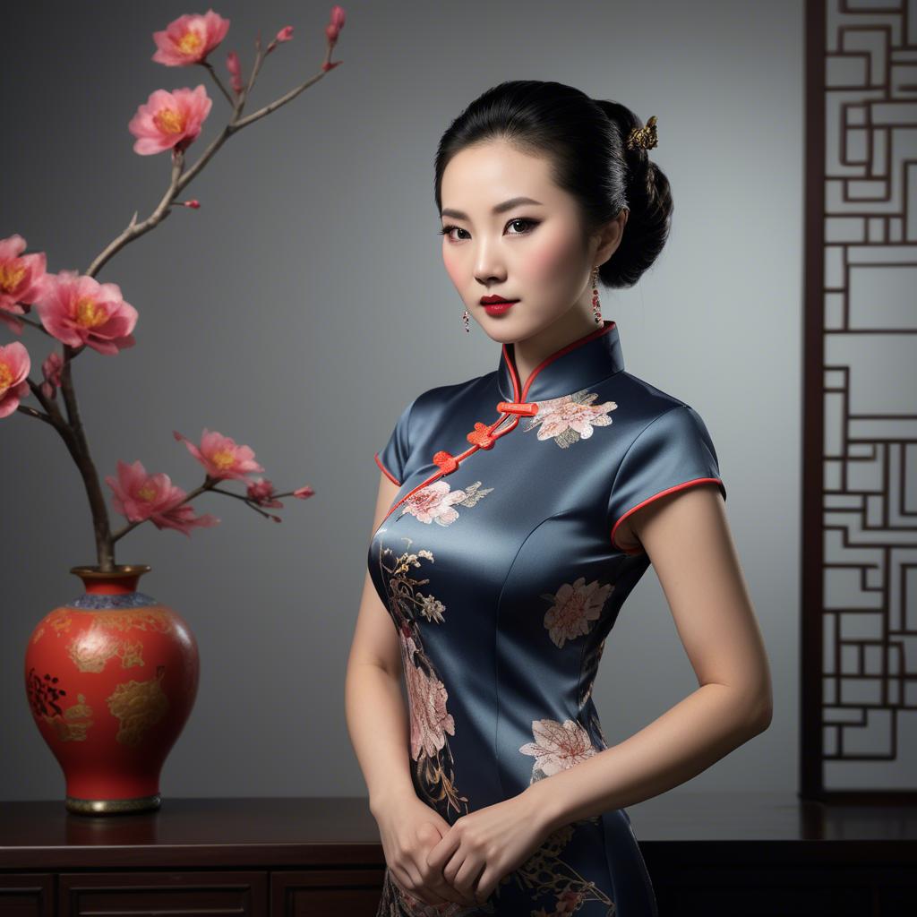 A stunning image of chinese enchantress in a chic qipao accentuated by refined and modern studio lighting.