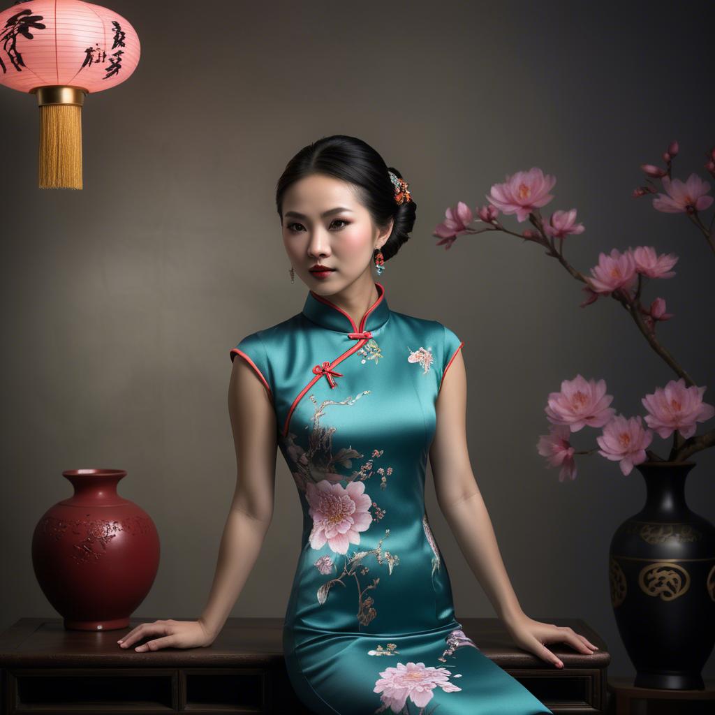 A stunning image of chinese enchantress in a chic qipao accentuated by refined and modern studio lighting.