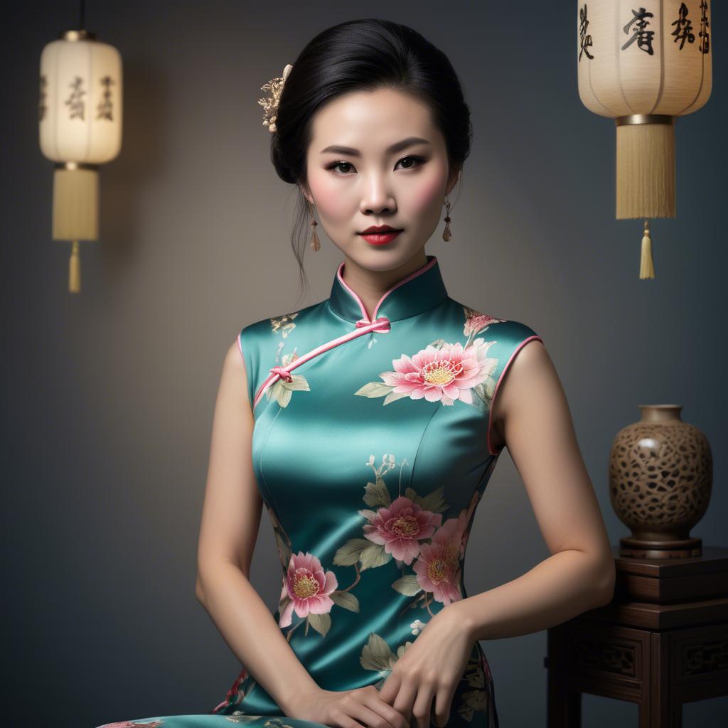 A stunning image of chinese enchantress in a chic qipao accentuated by refined and modern studio lighting.