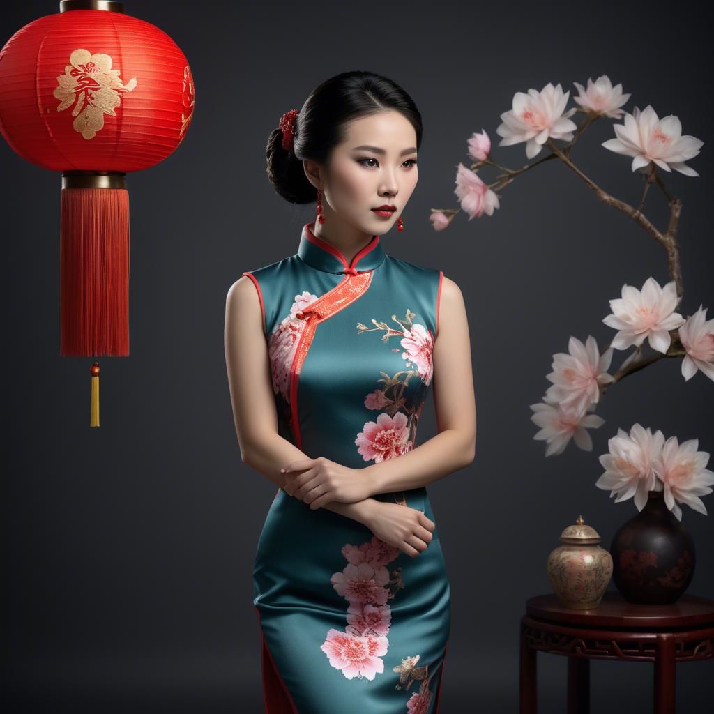 A stunning image of chinese enchantress in a chic qipao accentuated by refined and modern studio lighting.