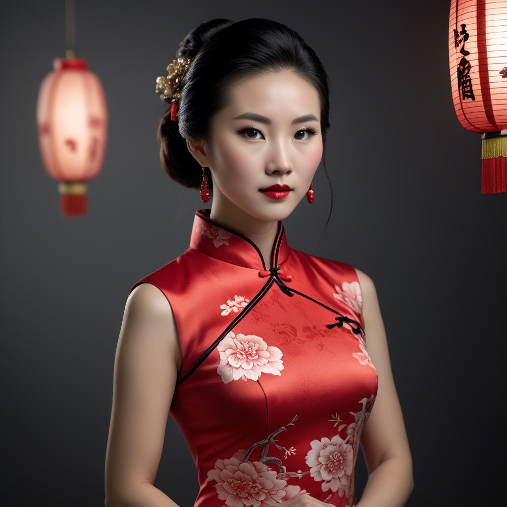 A stunning image of chinese enchantress in a chic qipao accentuated by refined and modern studio lighting.