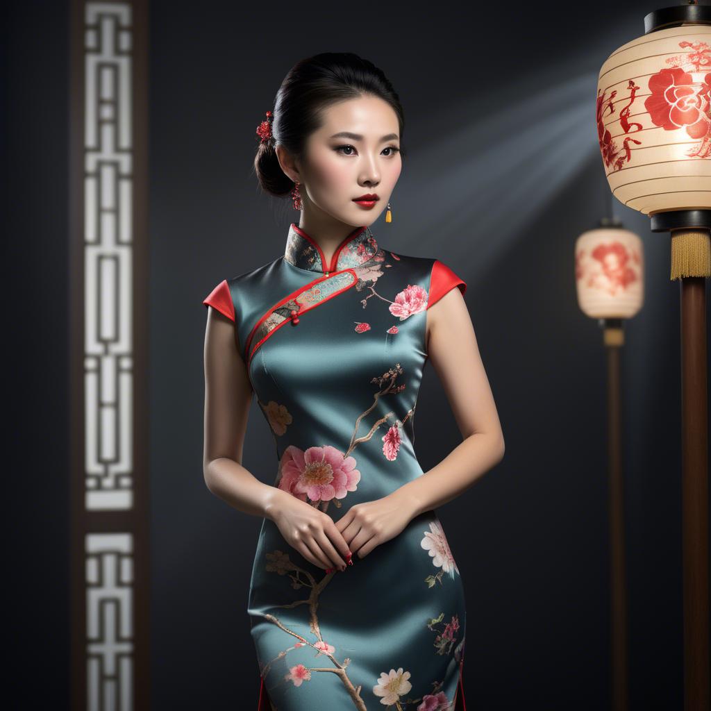 A stunning image of chinese enchantress in a chic qipao accentuated by refined and modern studio lighting.