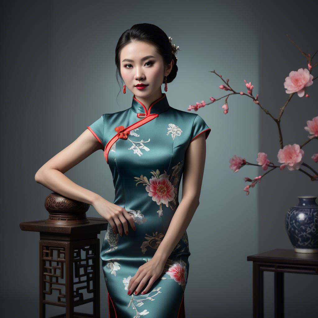A stunning image of chinese enchantress in a chic qipao accentuated by refined and modern studio lighting.