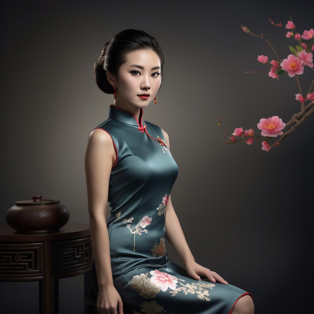A stunning image of chinese enchantress in a chic qipao accentuated by refined and modern studio lighting.