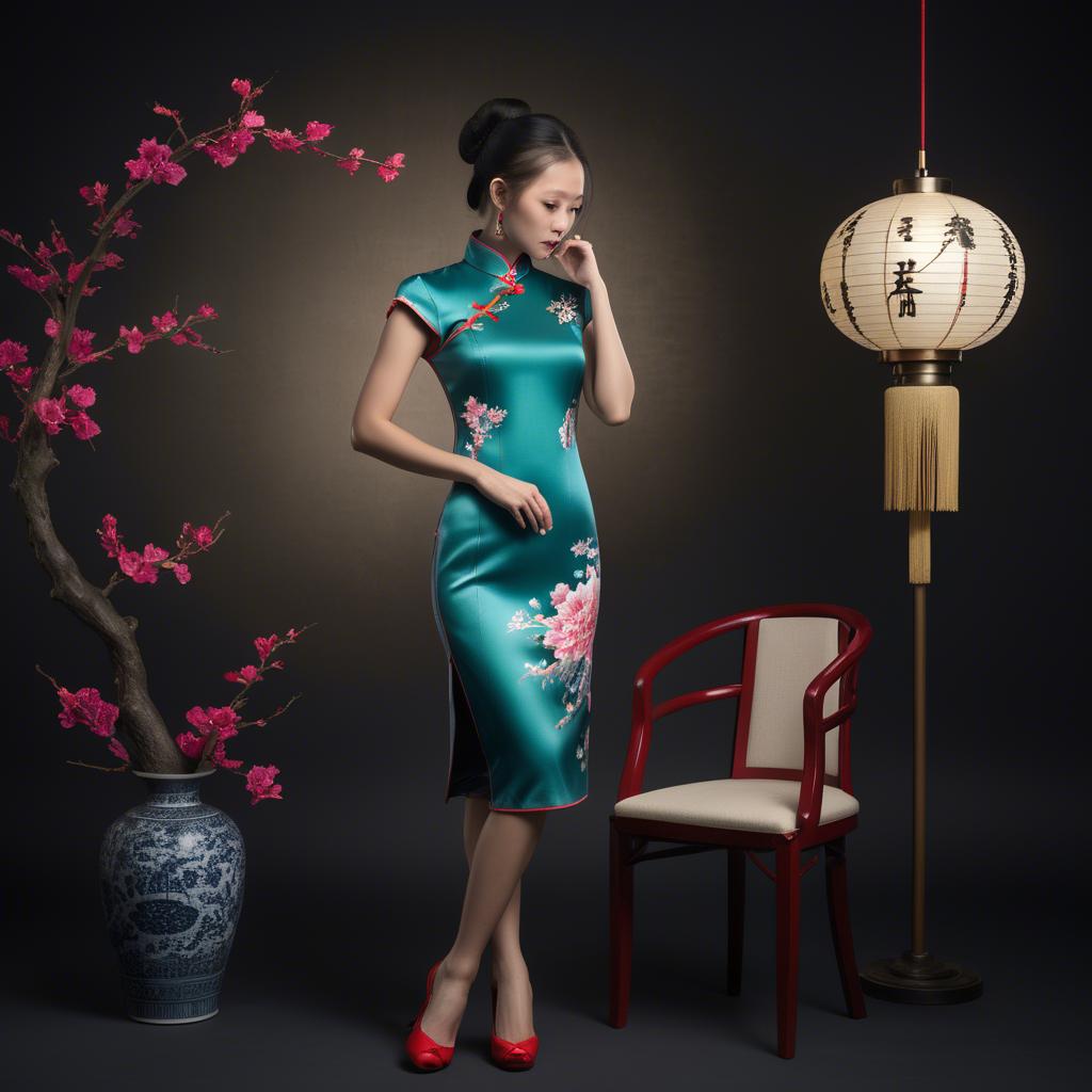 A stunning image of chinese enchantress in a chic qipao accentuated by refined and modern studio lighting.
