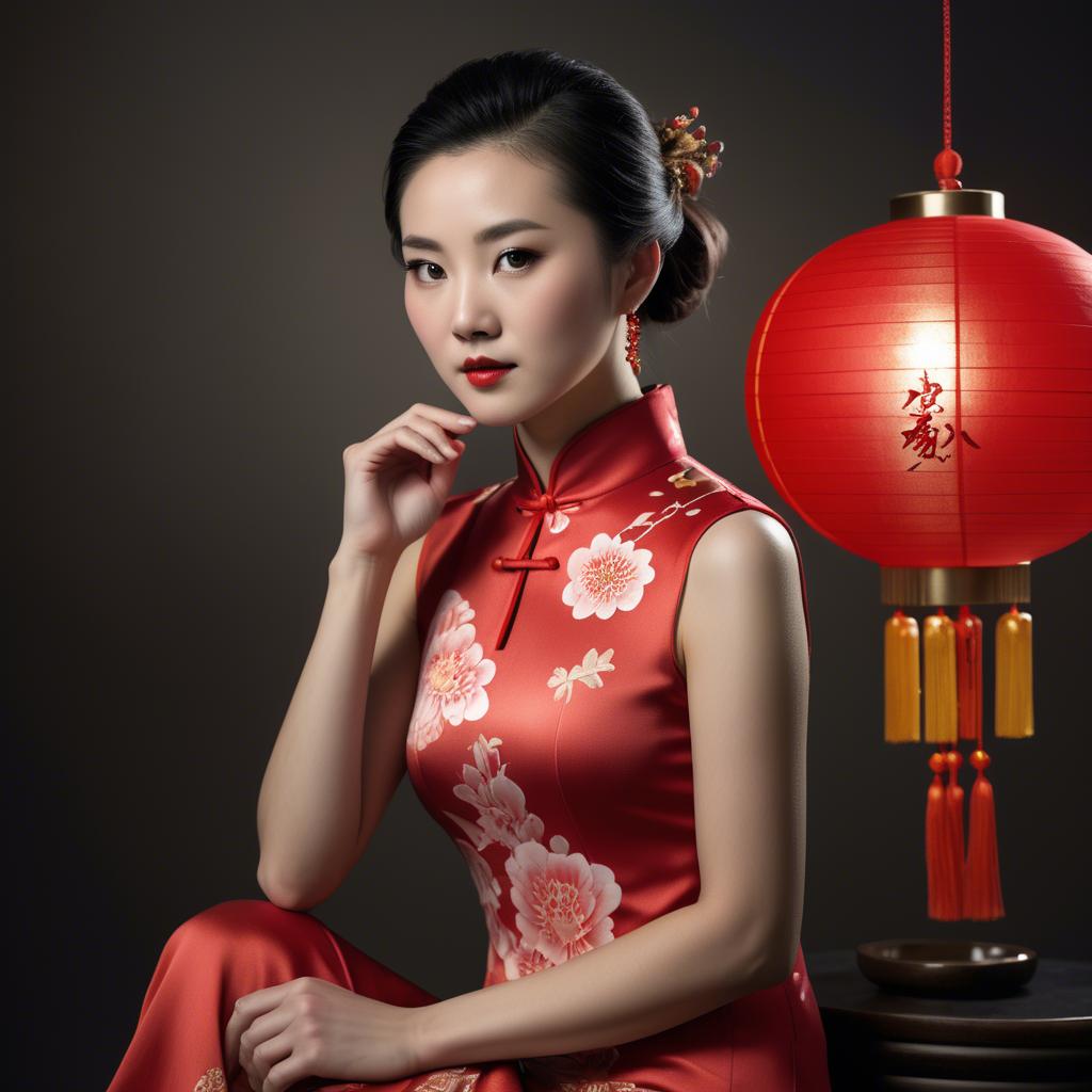A stunning image of chinese enchantress in a chic qipao accentuated by refined and modern studio lighting.