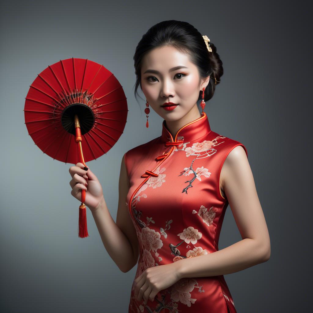 A stunning image of chinese enchantress in a chic qipao accentuated by refined and modern studio lighting.