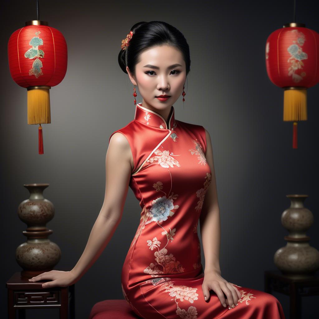 A stunning image of chinese enchantress in a chic qipao accentuated by refined and modern studio lighting.