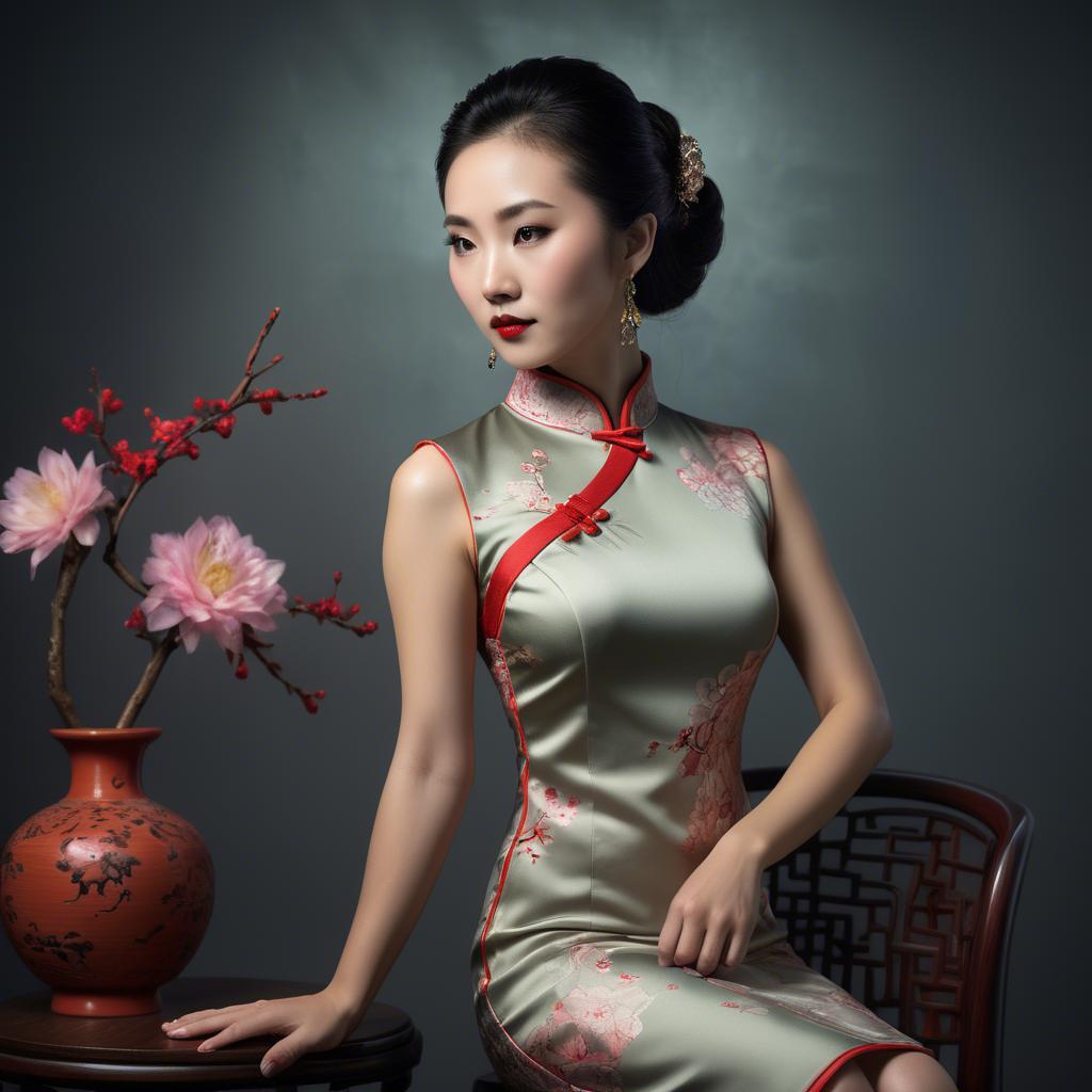 A stunning image of chinese enchantress in a chic qipao accentuated by refined and modern studio lighting.