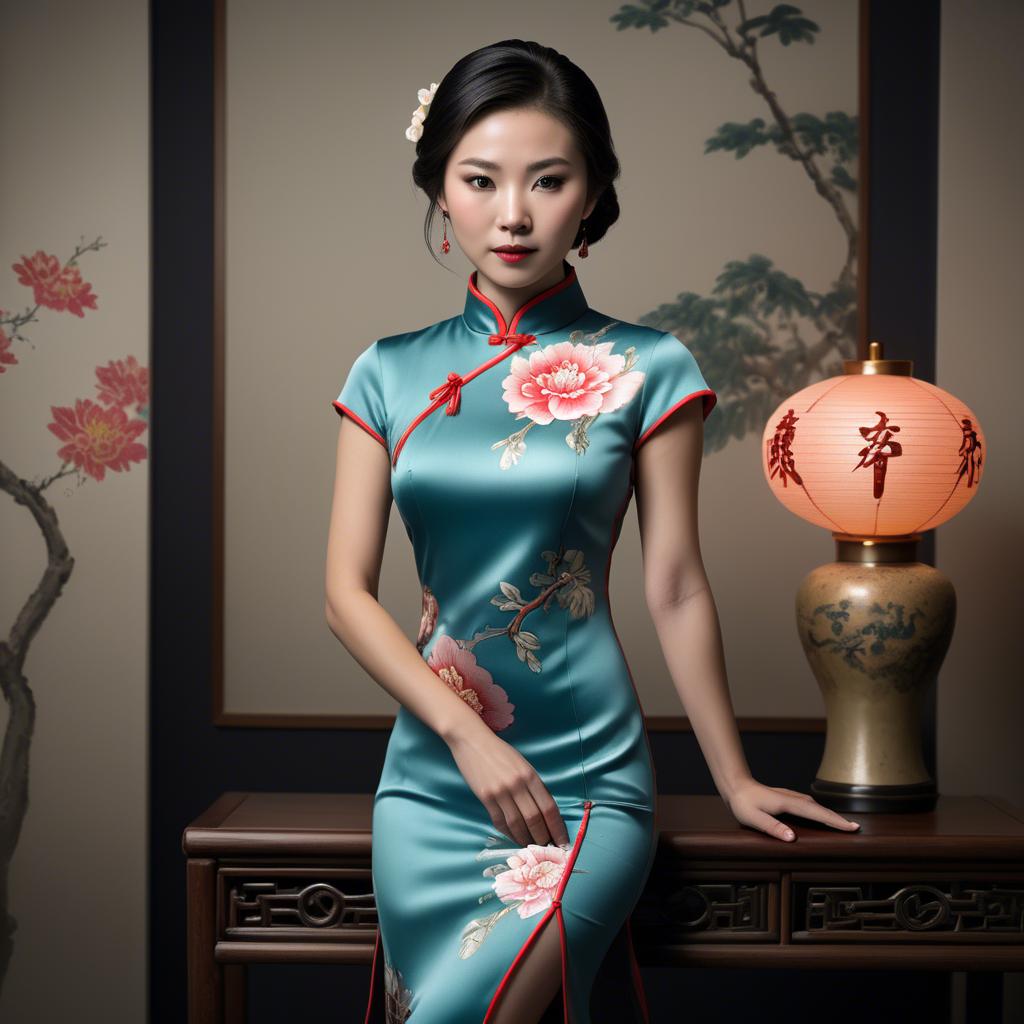 A stunning image of chinese enchantress in a chic qipao accentuated by refined and modern studio lighting.