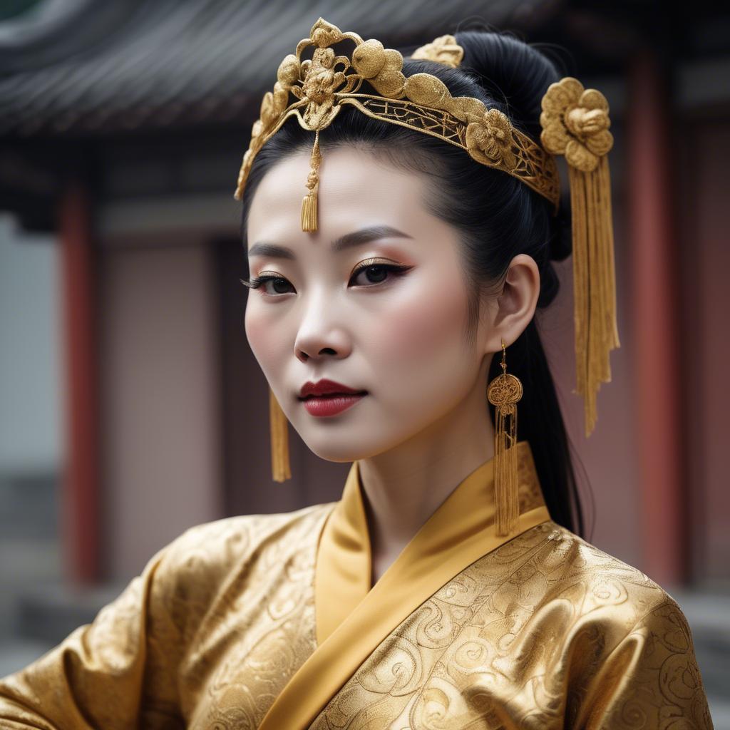 A stunning image of chinese woman in golden fabric highlights.