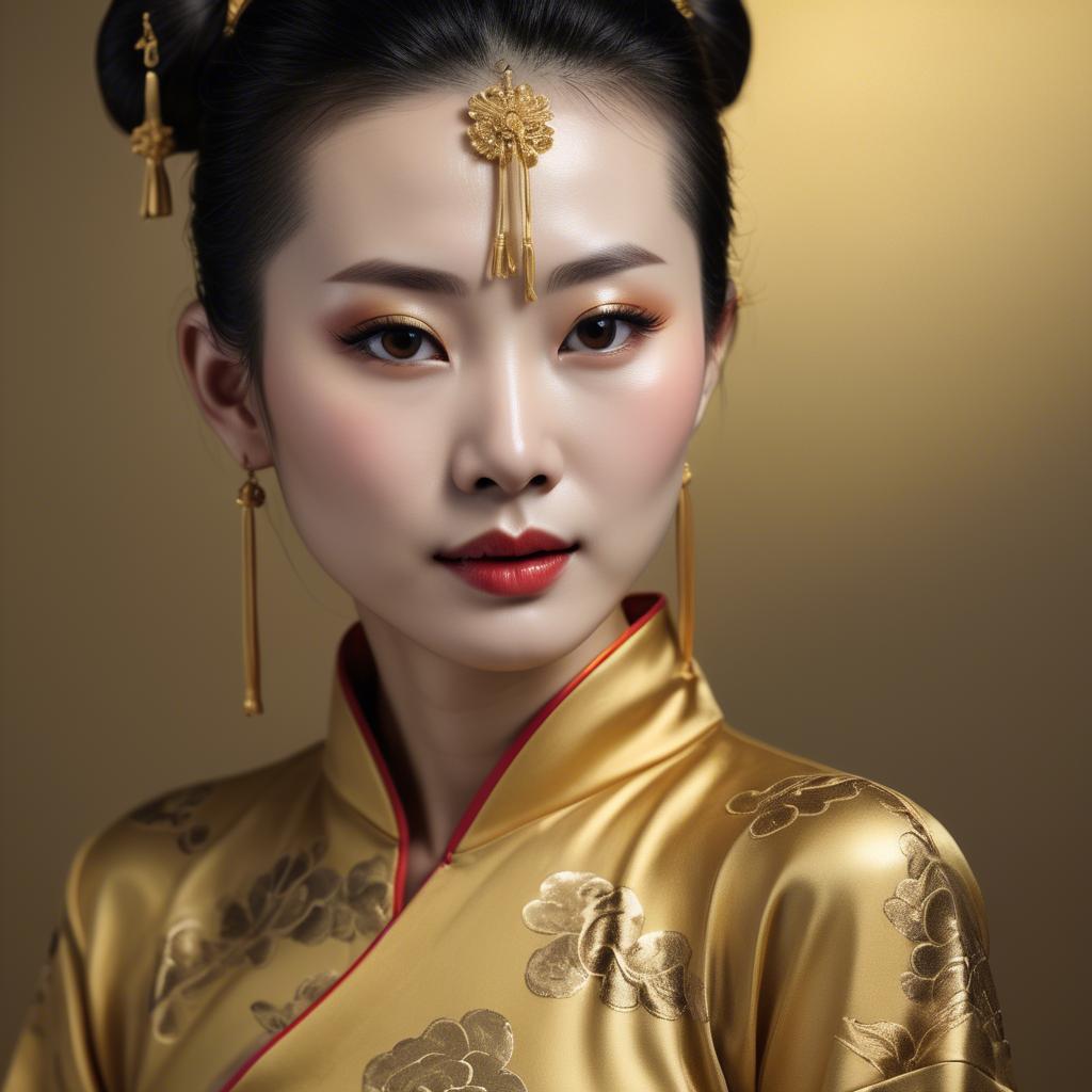 A stunning image of chinese woman in golden fabric highlights.