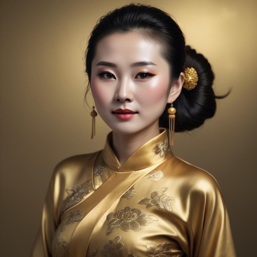 A stunning image of chinese woman in golden fabric highlights.