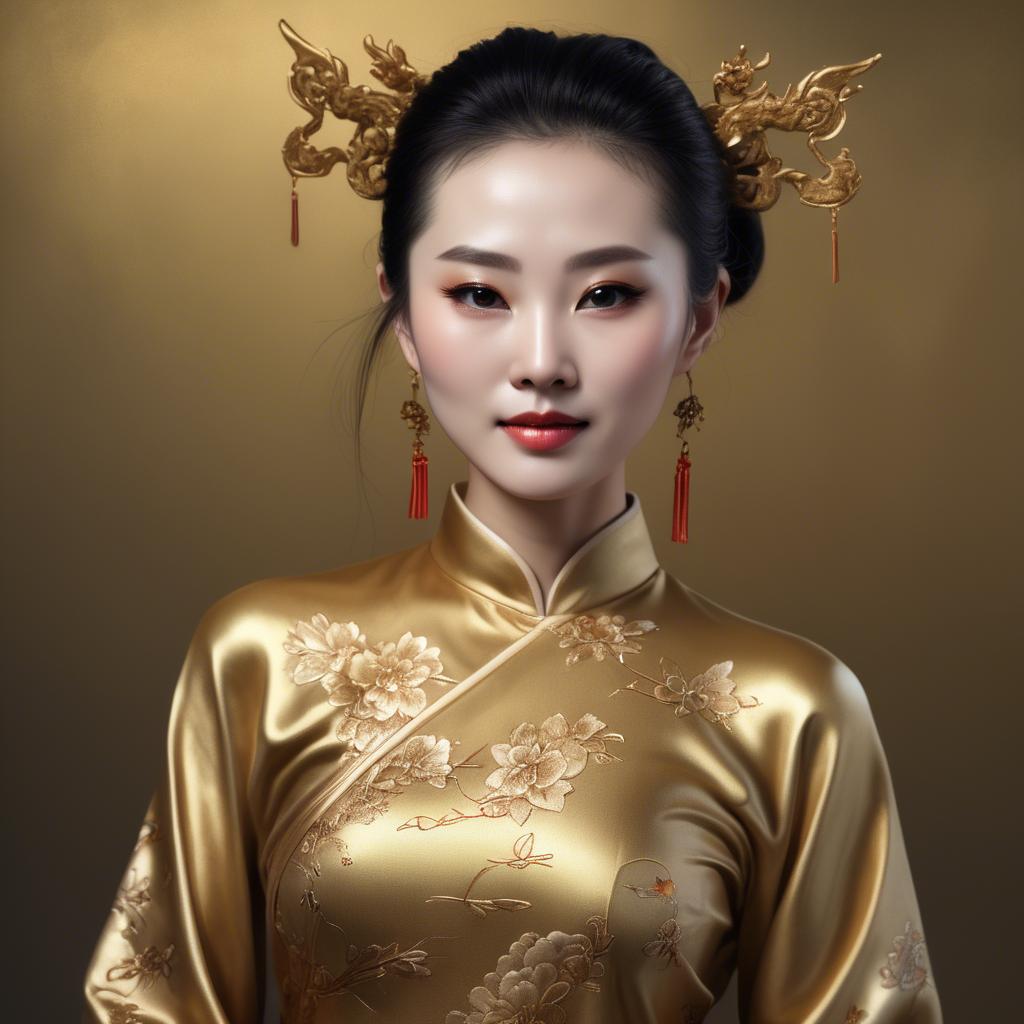 A stunning image of chinese woman in golden fabric highlights.