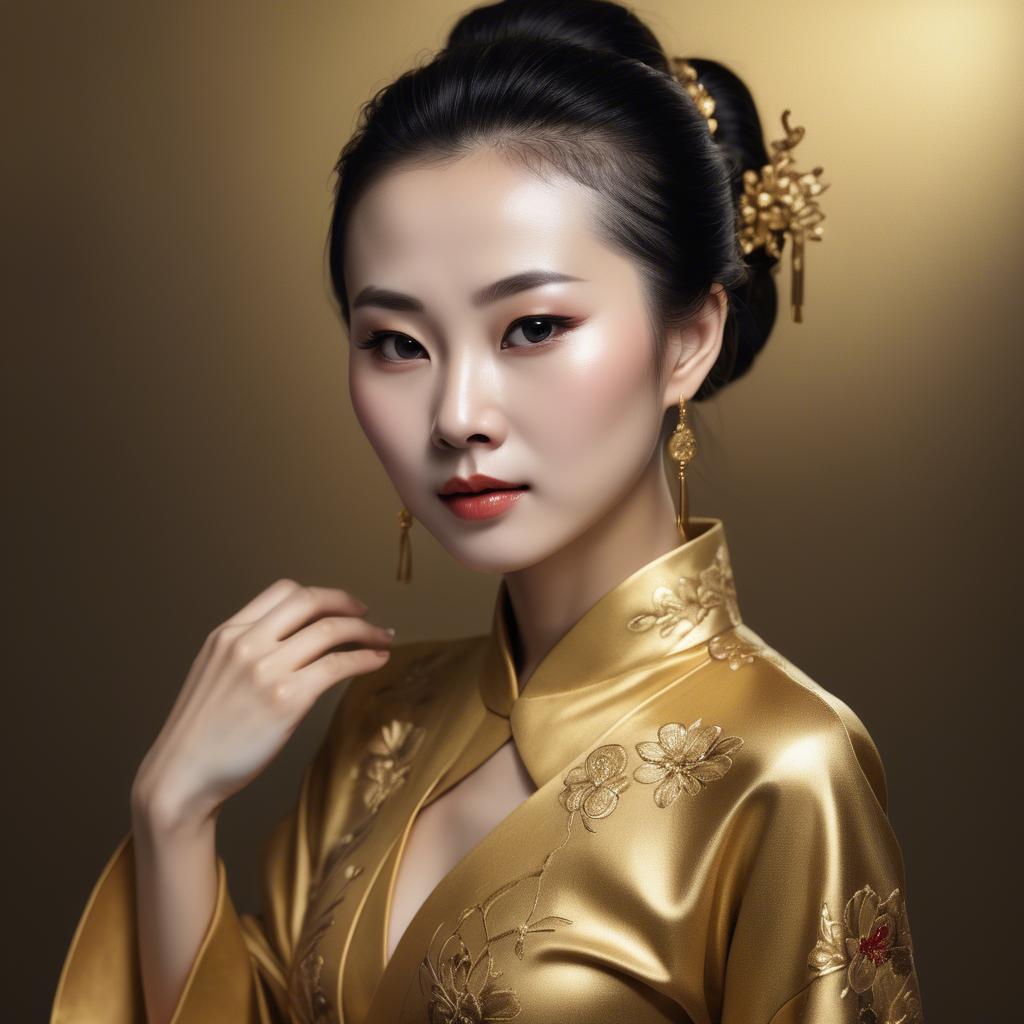 A stunning image of chinese woman in golden fabric highlights.