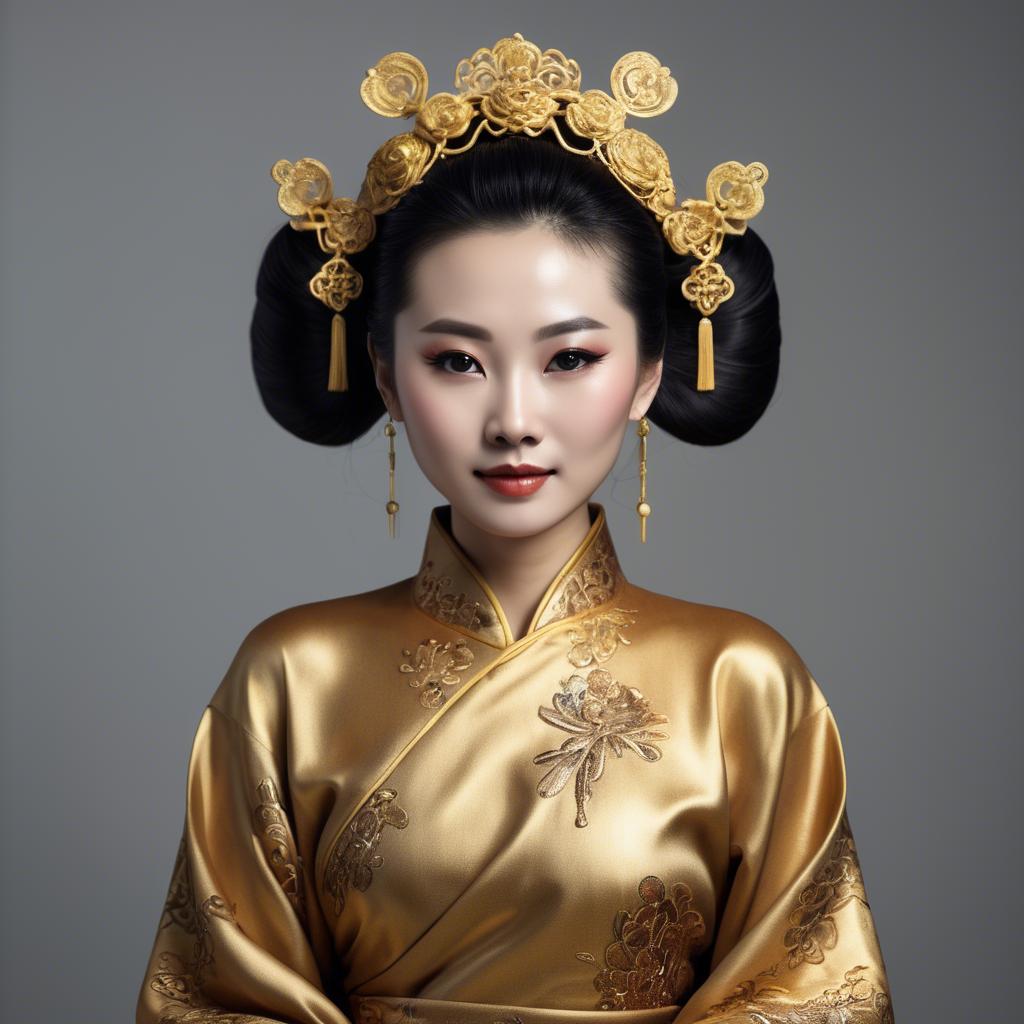 A stunning image of chinese woman in golden fabric highlights.