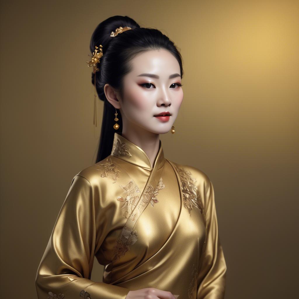 A stunning image of chinese woman in golden fabric highlights.