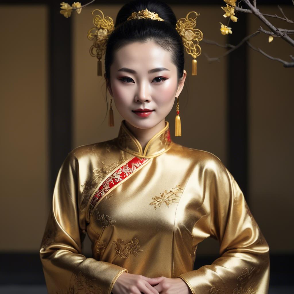 A stunning image of chinese woman in golden fabric highlights.