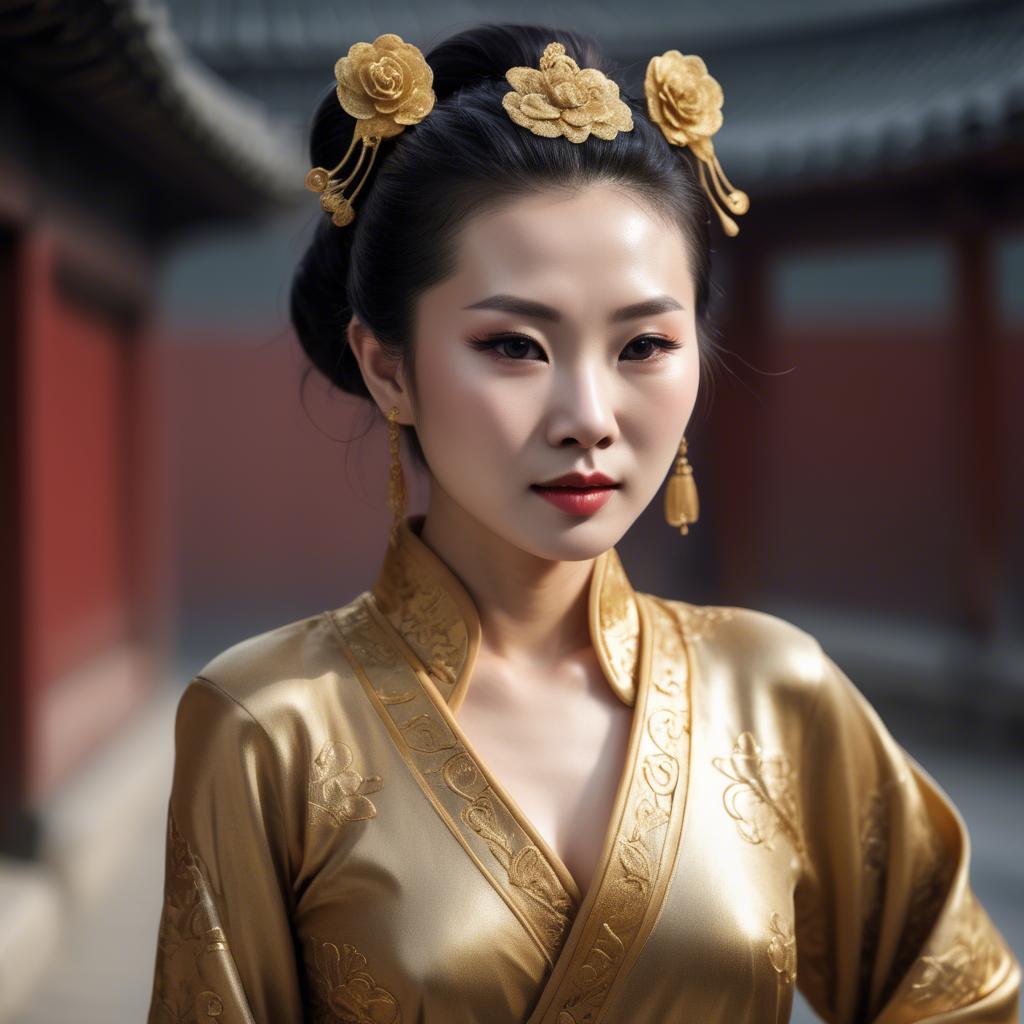 A stunning image of chinese woman in golden fabric highlights.