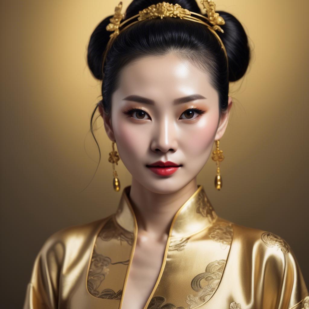 A stunning image of chinese woman in golden fabric highlights.