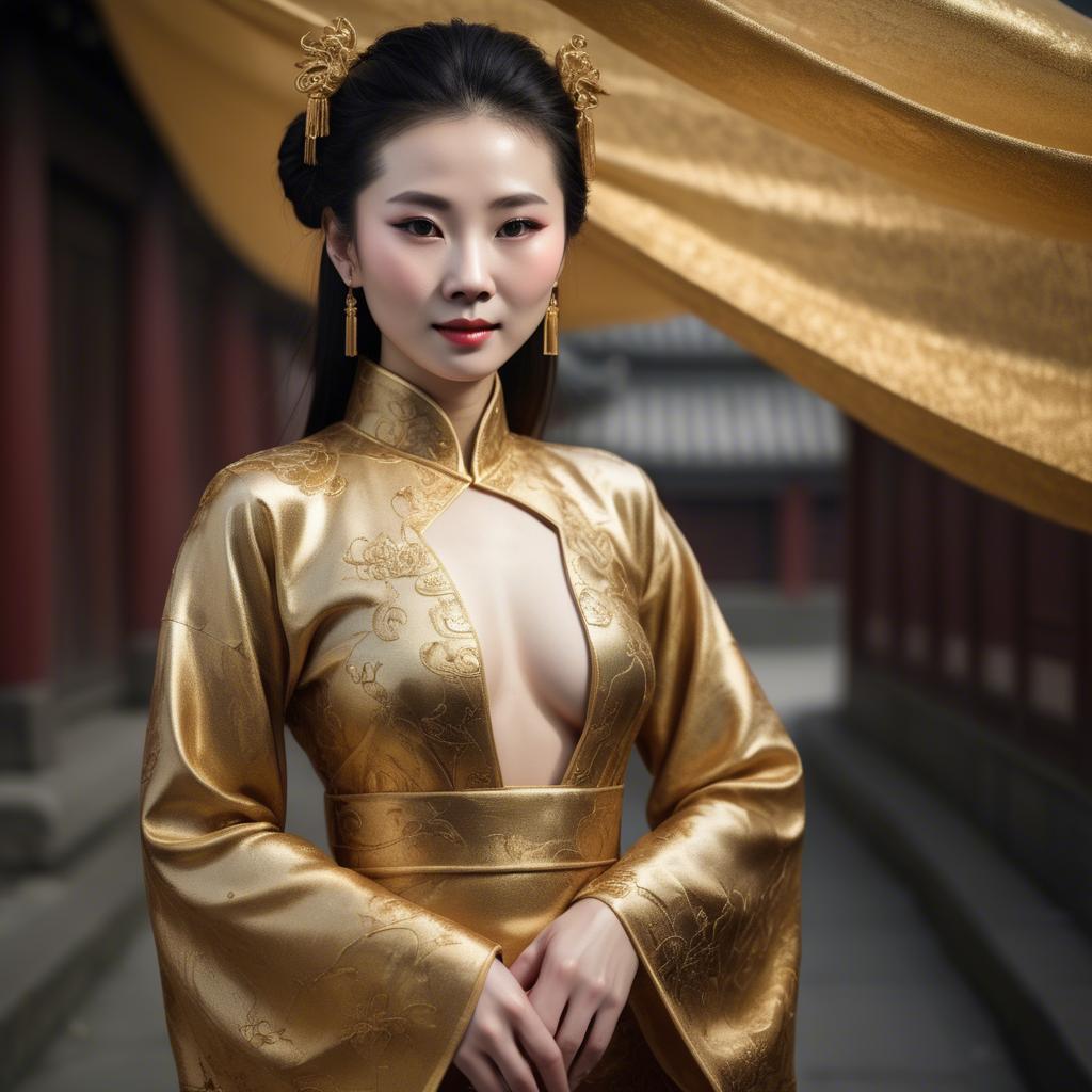 A stunning image of chinese woman in golden fabric highlights.