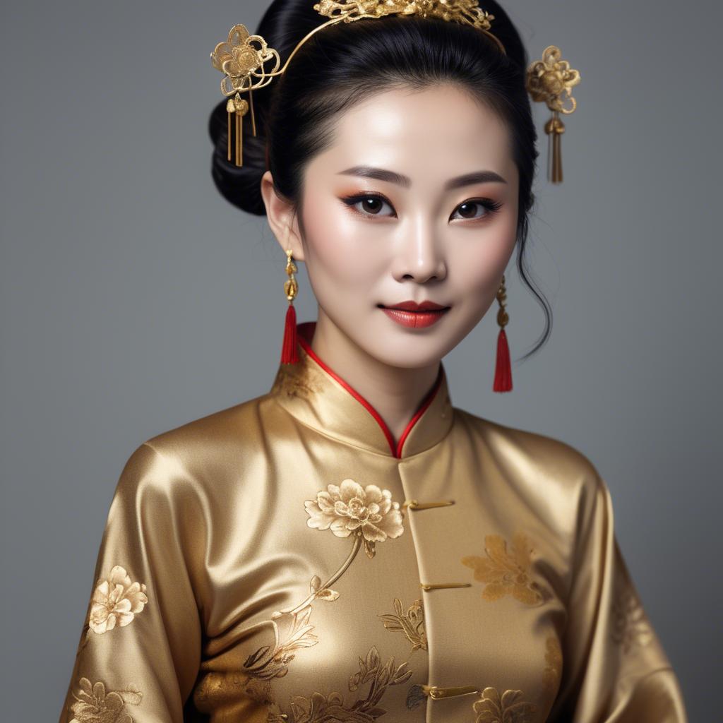 A stunning image of chinese woman in golden fabric highlights.