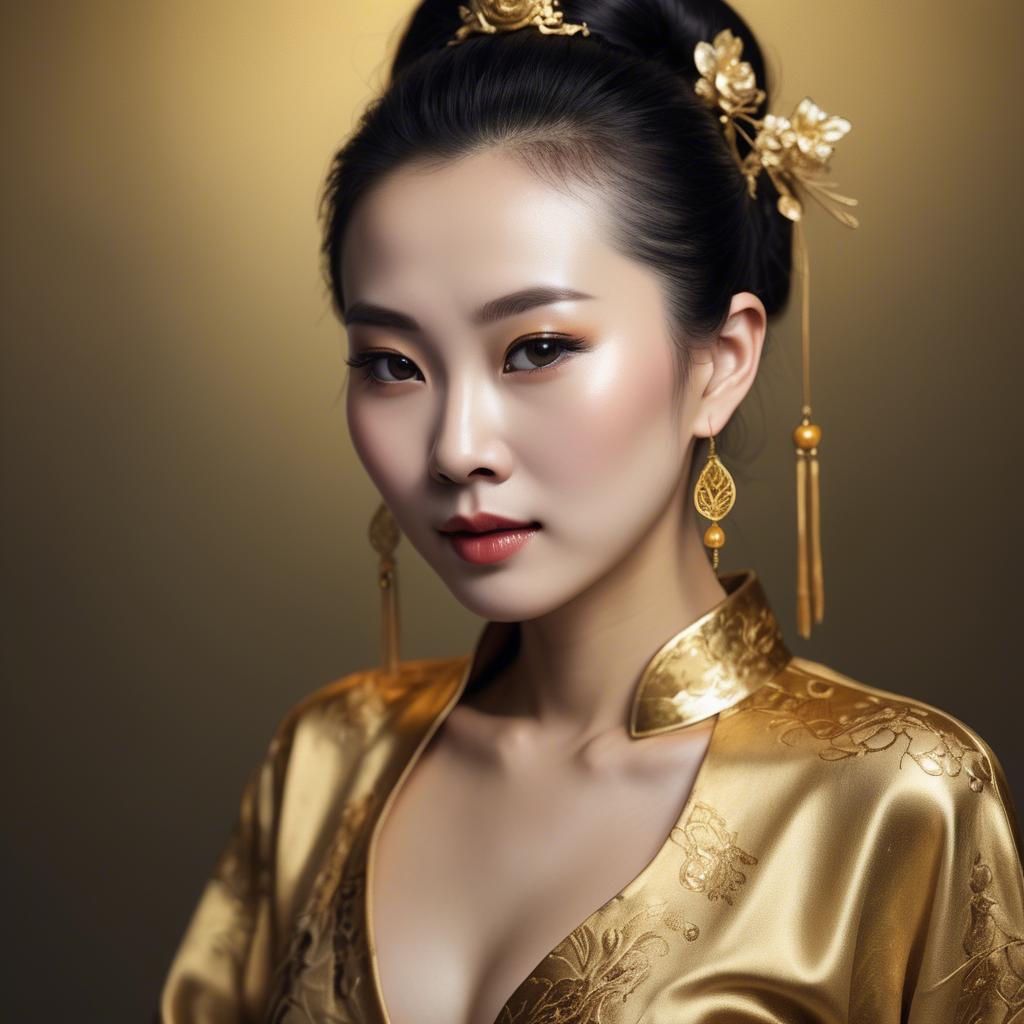 A stunning image of chinese woman in golden fabric highlights.