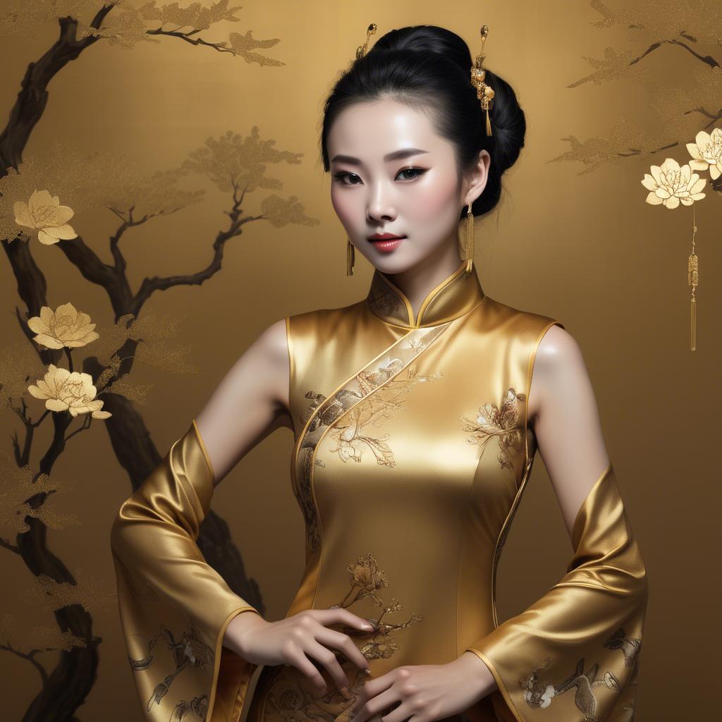 A stunning image of chinese woman in golden fabric highlights.