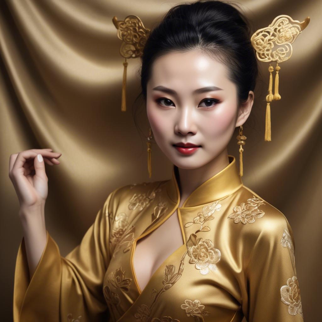 A stunning image of chinese woman in golden fabric highlights.