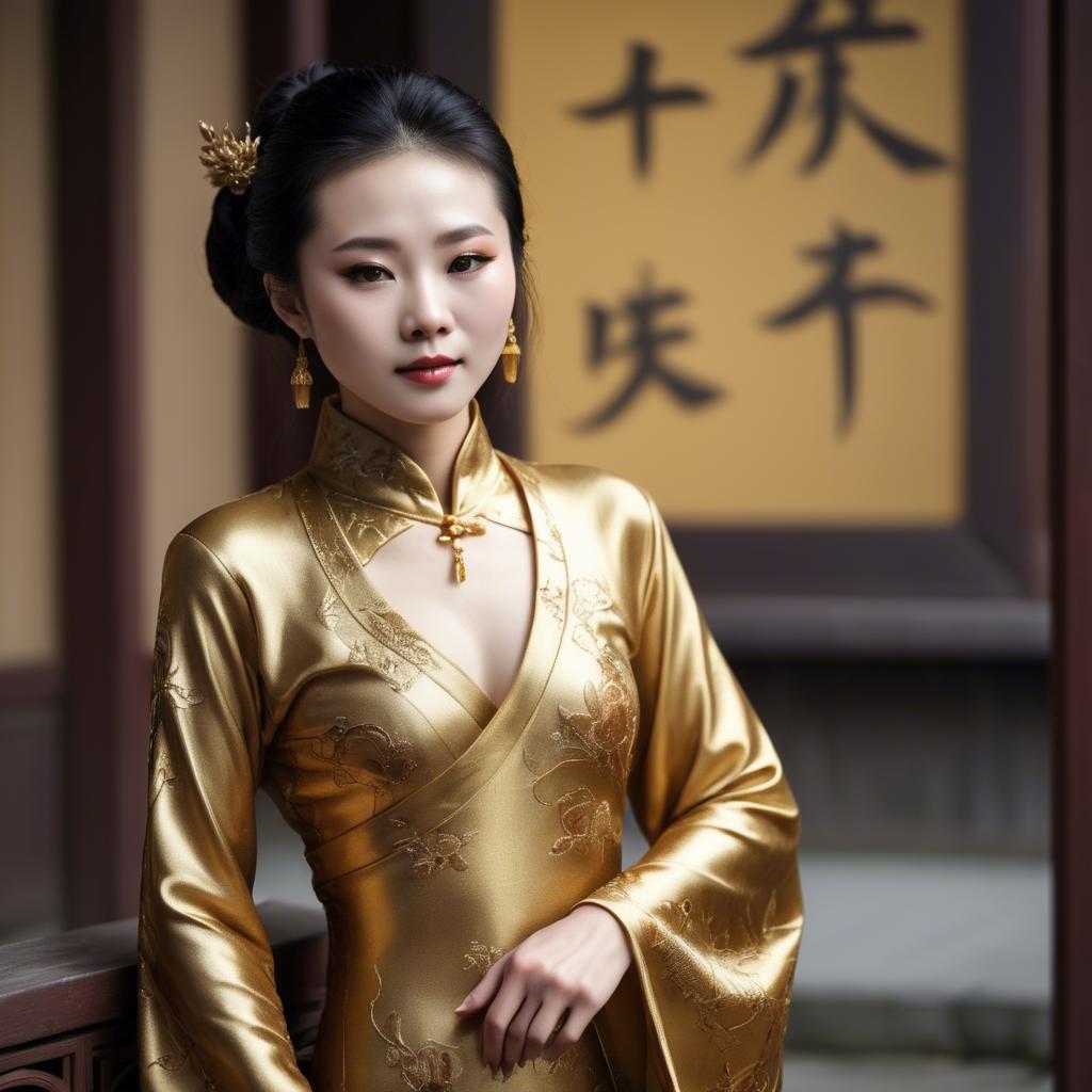 A stunning image of chinese woman in golden fabric highlights.