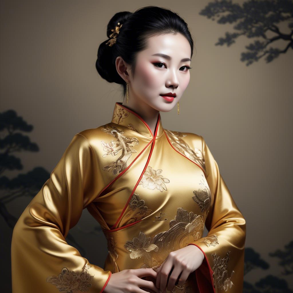 A stunning image of chinese woman in golden fabric highlights.