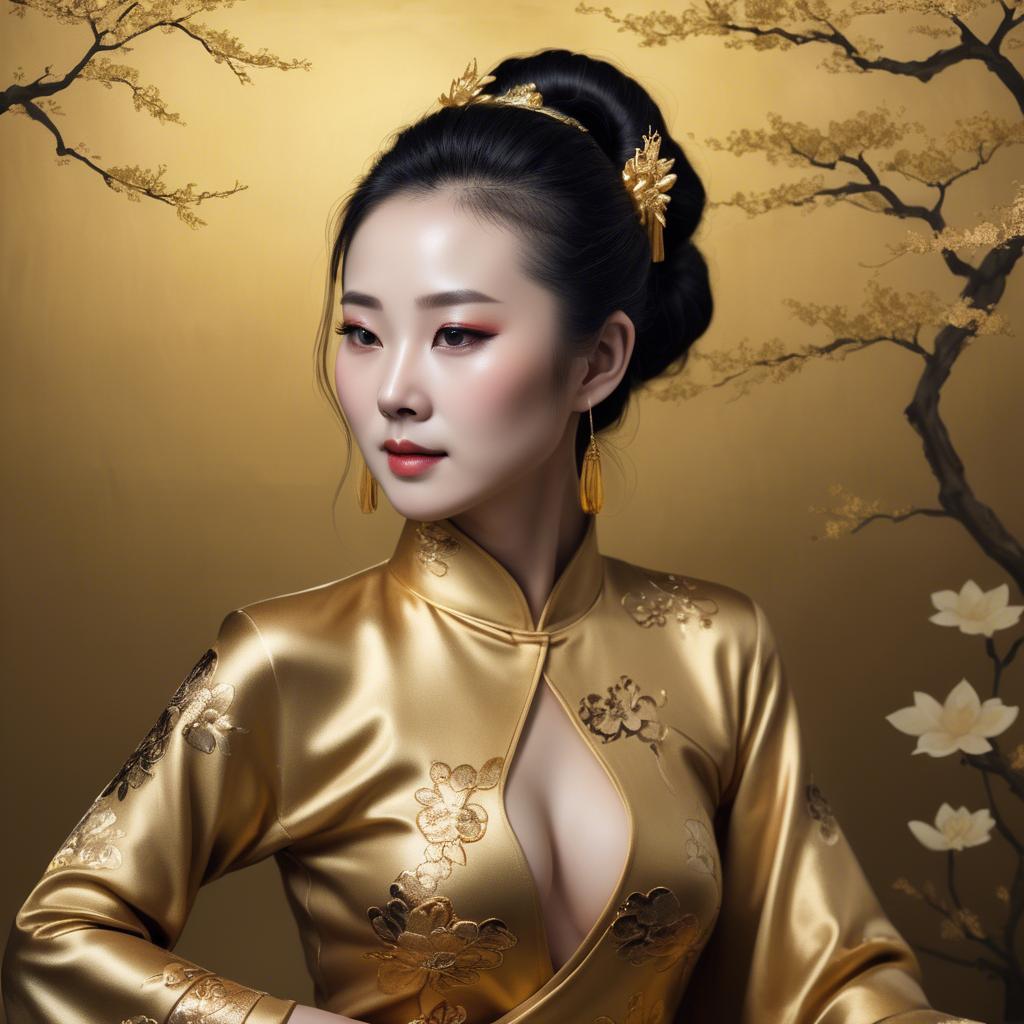 A stunning image of chinese woman in golden fabric highlights.